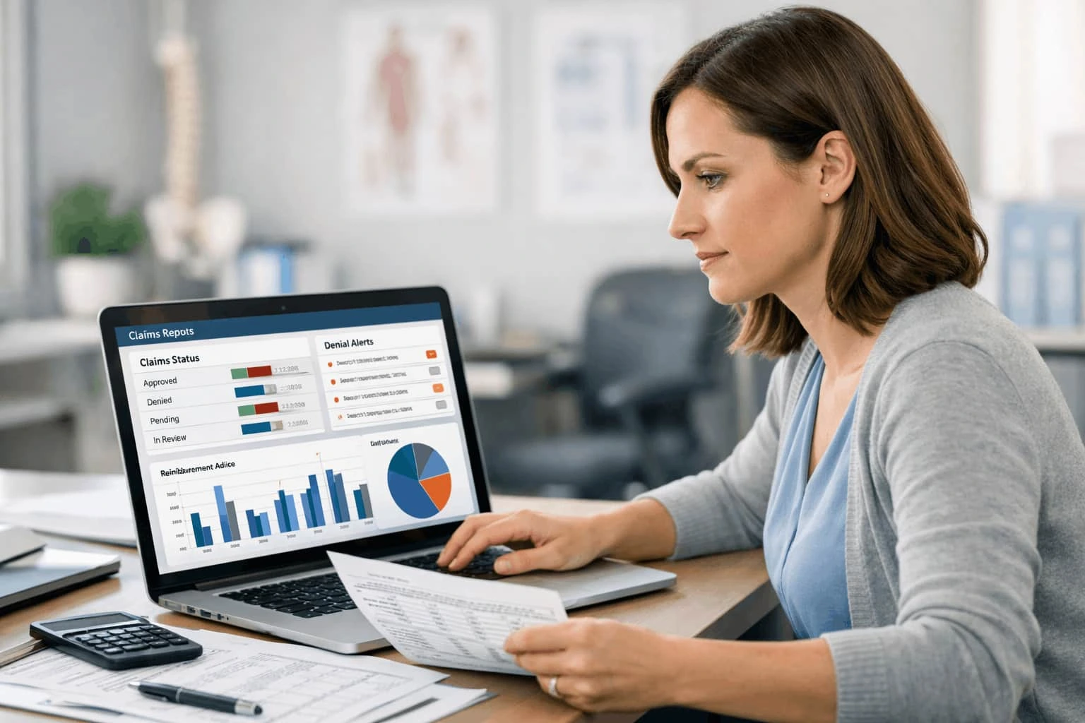 Accounts receivable specialist analyzing denied claims and managing reimbursement recovery through healthcare denial management services